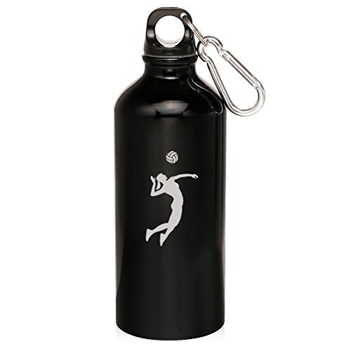 20oz Aluminum Sports Water Bottle Caribiner Clip Female Volleyball Player (Black)