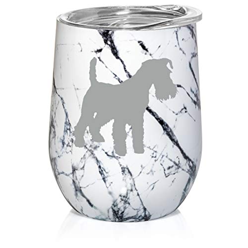 12 oz Double Wall Vacuum Insulated Stainless Steel Marble Stemless Wine Tumbler Glass Coffee Travel Mug With Lid Miniature Schnauzer (Black White Marble)