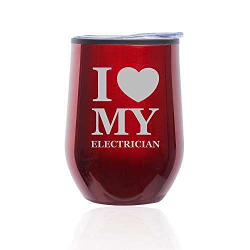 Stemless Wine Tumbler Coffee Travel Mug Glass With Lid I Love Heart My Electrician (Red)