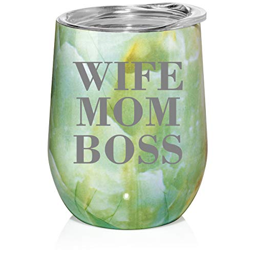 12 oz Double Wall Vacuum Insulated Stainless Steel Marble Stemless Wine Tumbler Glass Coffee Travel Mug With Lid Wife Mom Boss (Turquoise Green Marble)