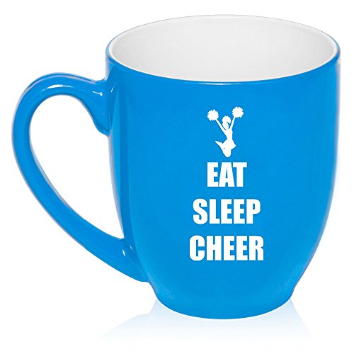 16 oz Large Bistro Mug Ceramic Coffee Tea Glass Cup Eat Sleep Cheer (Light Blue)