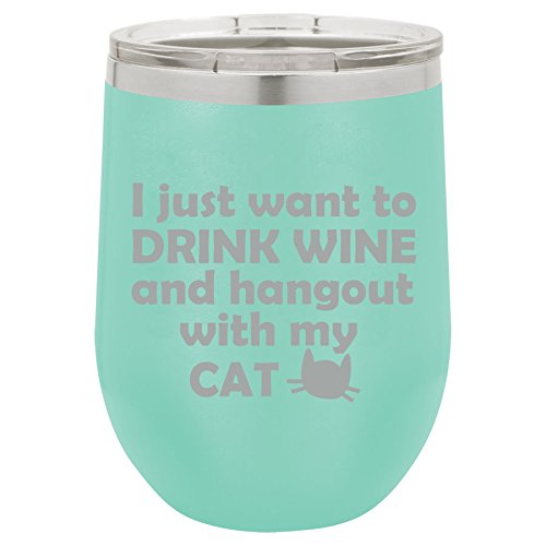 12 oz Double Wall Vacuum Insulated Stainless Steel Stemless Wine Tumbler Glass Coffee Travel Mug With Lid Drink Wine And Hang Out With Cat (Teal)