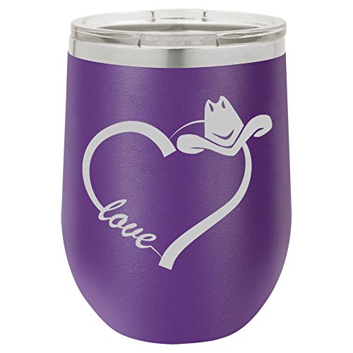 12 oz Double Wall Vacuum Insulated Stainless Steel Stemless Wine Tumbler Glass Coffee Travel Mug With Lid Love Heart Country Cowgirl (Purple)