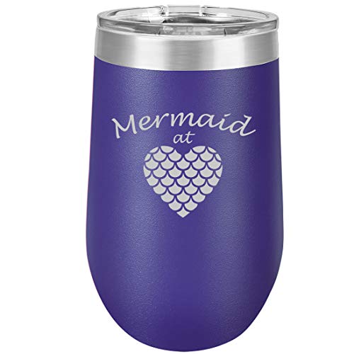 16 oz Double Wall Vacuum Insulated Stainless Steel Stemless Wine Tumbler Glass Coffee Travel Mug With Lid Mermaid At Heart (Purple)