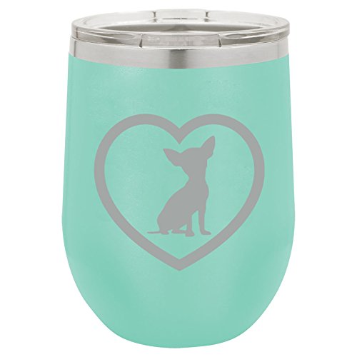 12 oz Double Wall Vacuum Insulated Stainless Steel Stemless Wine Tumbler Glass Coffee Travel Mug With Lid Chihuahua Heart (Teal)