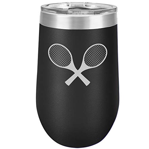 16 oz Double Wall Vacuum Insulated Stainless Steel Stemless Wine Tumbler Glass Coffee Travel Mug With Lid Tennis Racquets (Black)