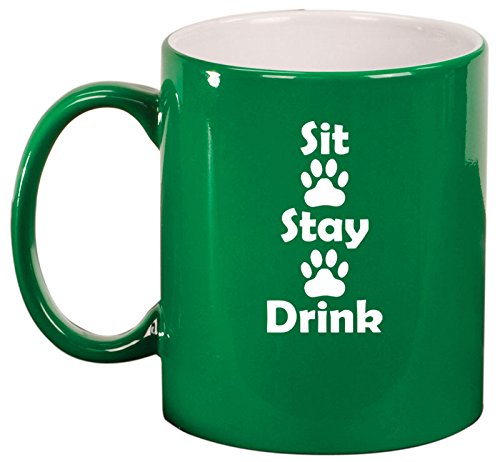 Ceramic Coffee Tea Mug Cup Sit Stay Drink Funny Paw Prints Dog Cat Animal Lover (Green)