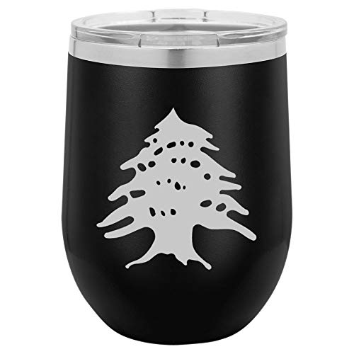 12 oz Double Wall Vacuum Insulated Stainless Steel Stemless Wine Tumbler Glass Coffee Travel Mug With Lid Cedar Tree Lebanon Lebanese (Black)