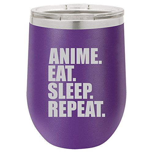 12 oz Double Wall Vacuum Insulated Stainless Steel Stemless Wine Tumbler Glass Coffee Travel Mug With Lid Anime Eat Sleep Repeat (Purple)