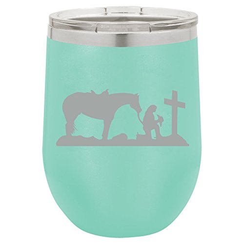 12 oz Double Wall Vacuum Insulated Stainless Steel Stemless Wine Tumbler Glass Coffee Travel Mug With Lid Cowgirl Praying Cross Horse (Teal)