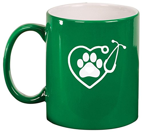 Ceramic Coffee Tea Mug Cup Heart Stethoscope Vet Tech Veterinarian (Green)
