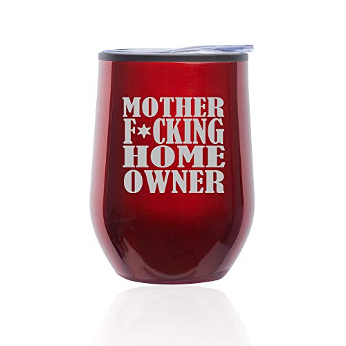 Stemless Wine Tumbler Coffee Travel Mug Glass With Lid Mother F ing Home Owner House Warming (Red)