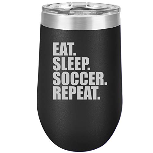 16 oz Double Wall Vacuum Insulated Stainless Steel Stemless Wine Tumbler Glass Coffee Travel Mug With Lid Eat Sleep Soccer Repeat (Black)