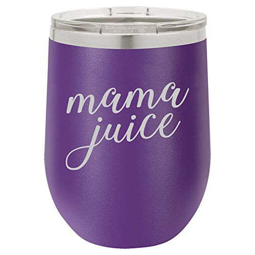 12 oz Double Wall Vacuum Insulated Stainless Steel Stemless Wine Tumbler Glass Coffee Travel Mug With Lid Mama Juice Mom Funny (Purple)