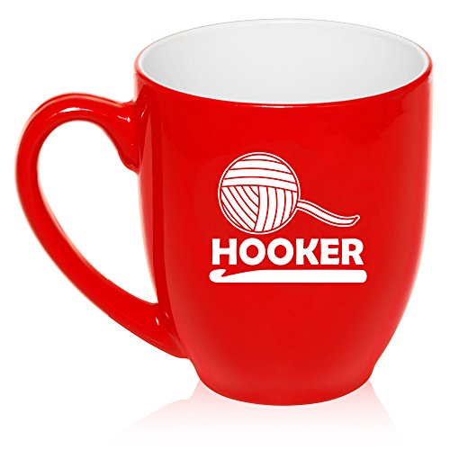 16 oz Large Bistro Mug Ceramic Coffee Tea Glass Cup Funny Crochet Hooker (Red)
