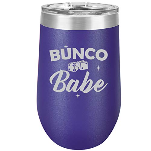 16 oz Double Wall Vacuum Insulated Stainless Steel Stemless Wine Tumbler Glass Coffee Travel Mug With Lid Bunco Babe (Purple)