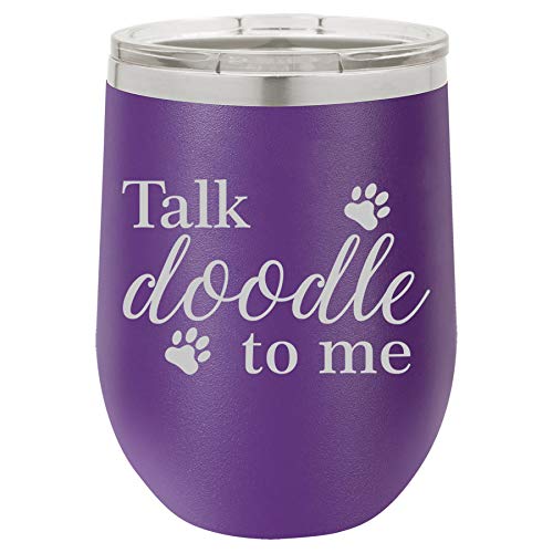 12 oz Double Wall Vacuum Insulated Stainless Steel Stemless Wine Tumbler Glass Coffee Travel Mug With Lid Talk Doodle To Me Doodle Dog (Purple)