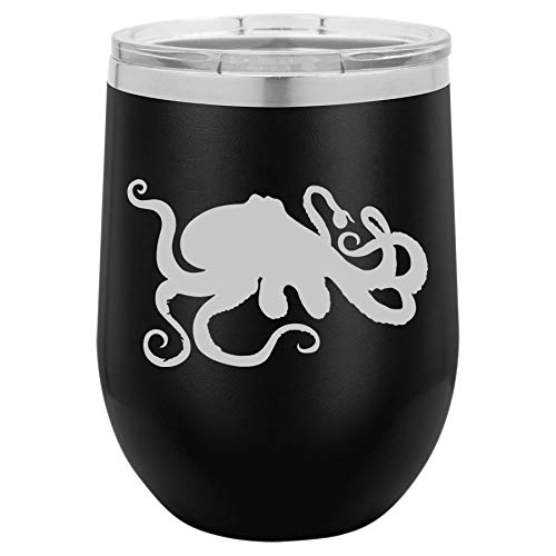 12 oz Double Wall Vacuum Insulated Stainless Steel Stemless Wine Tumbler Glass Coffee Travel Mug With Lid Octopus And Tentacles (Black)