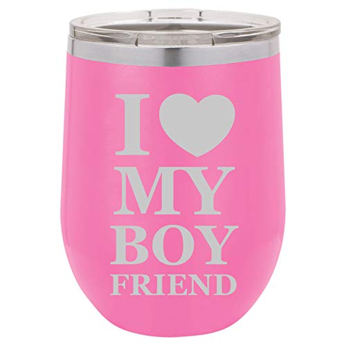 12 oz Double Wall Vacuum Insulated Stainless Steel Stemless Wine Tumbler Glass Coffee Travel Mug With Lid I Love My Boyfriend (Hot-Pink)