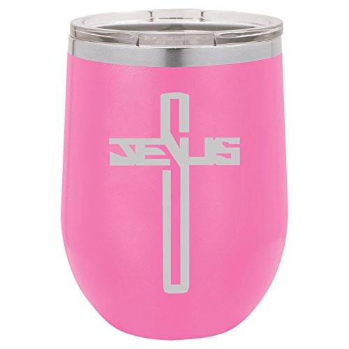 12 oz Double Wall Vacuum Insulated Stainless Steel Stemless Wine Tumbler Glass Coffee Travel Mug With Lid Jesus Cross (Hot-Pink)