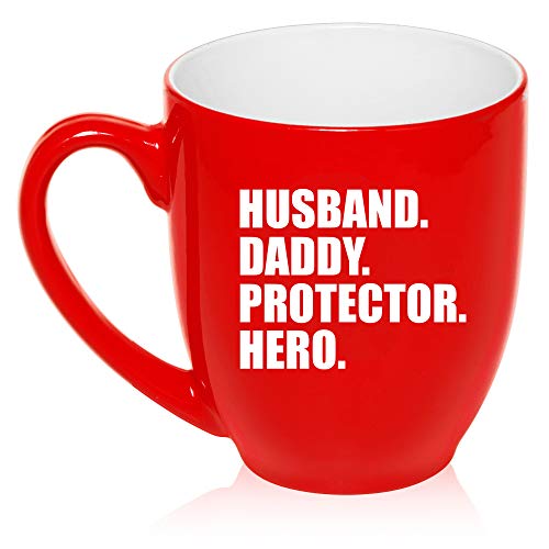 16 oz Large Bistro Mug Ceramic Coffee Tea Glass Cup Husband Daddy Protector Hero Dad Father (Red)