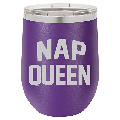 12 oz Double Wall Vacuum Insulated Stainless Steel Stemless Wine Tumbler Glass Coffee Travel Mug With Lid Nap Queen (Purple)