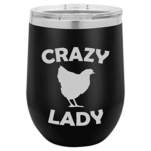 12 oz Double Wall Vacuum Insulated Stainless Steel Stemless Wine Tumbler Glass Coffee Travel Mug With Lid Crazy Chicken Lady (Black)