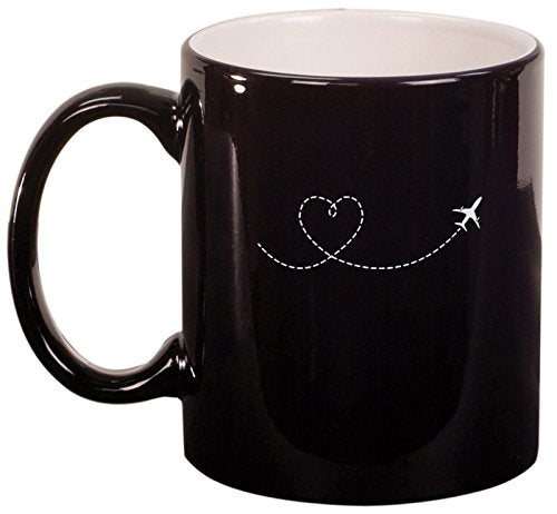 Ceramic Coffee Tea Mug Heart Love Travel Airplane (Black)