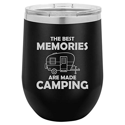12 oz Double Wall Vacuum Insulated Stainless Steel Stemless Wine Tumbler Glass Coffee Travel Mug With Lid The Best Memories Are Made Camping (Black)