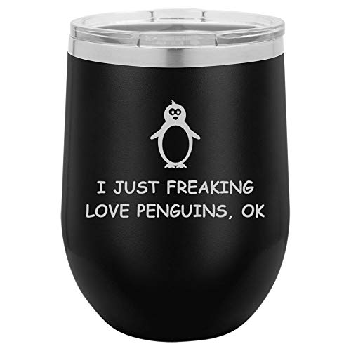 12 oz Double Wall Vacuum Insulated Stainless Steel Stemless Wine Tumbler Glass Coffee Travel Mug With Lid I Just Freaking Love Penguins Funny (Black)