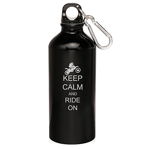 20oz Aluminum Sports Water Bottle Caribiner Clip Keep Calm and Ride On Dirt MX Bike (Black)