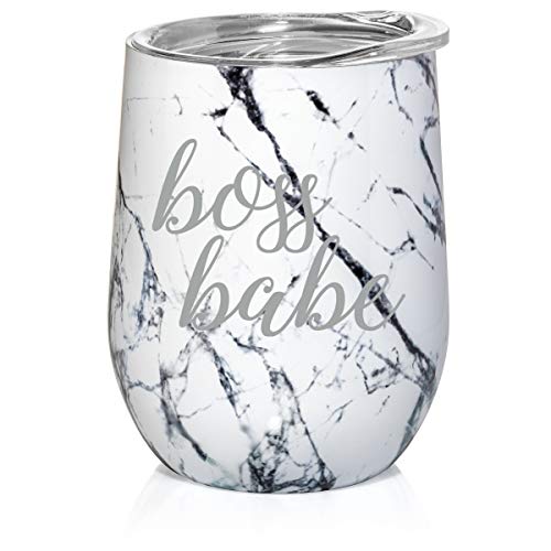 12 oz Double Wall Vacuum Insulated Stainless Steel Marble Stemless Wine Tumbler Glass Coffee Travel Mug With Lid Boss Babe (Black White Marble)