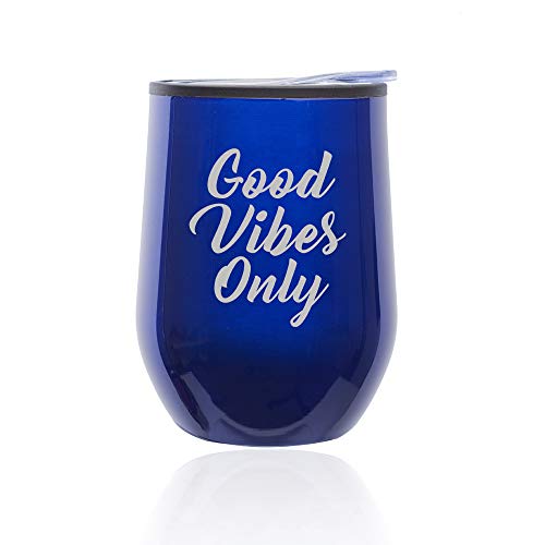 Stemless Wine Tumbler Coffee Travel Mug Glass With Lid Good Vibes Only (Blue)