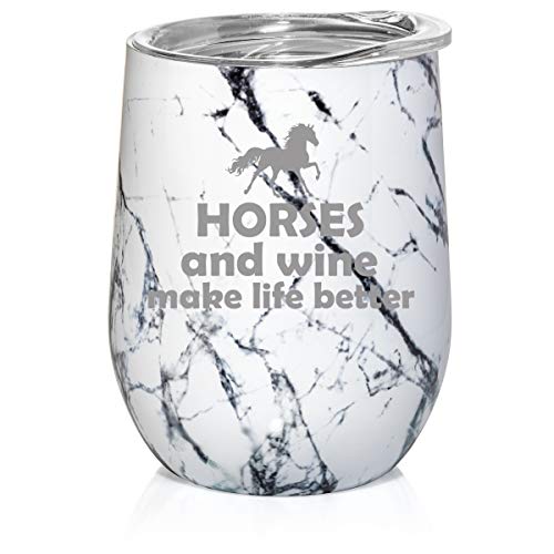 12 oz Double Wall Vacuum Insulated Stainless Steel Marble Stemless Wine Tumbler Glass Coffee Travel Mug With Lid Horses And Wine Make Life Better (Black White Marble)