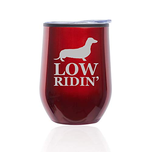 Stemless Wine Tumbler Coffee Travel Mug Glass With Lid Low Ridin' Dachshund (Red)