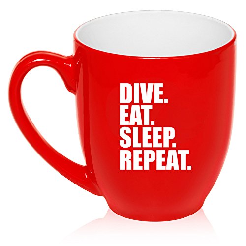 16 oz Large Bistro Mug Ceramic Coffee Tea Glass Cup Dive Eat Sleep Repeat (Red)