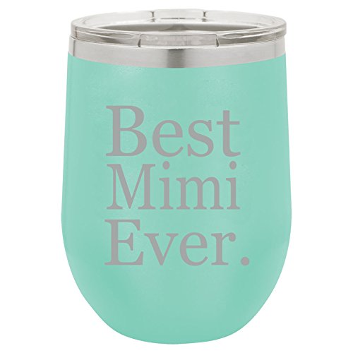 12 oz Double Wall Vacuum Insulated Stainless Steel Stemless Wine Tumbler Glass Coffee Travel Mug With Lid Best Mimi Ever (Teal)