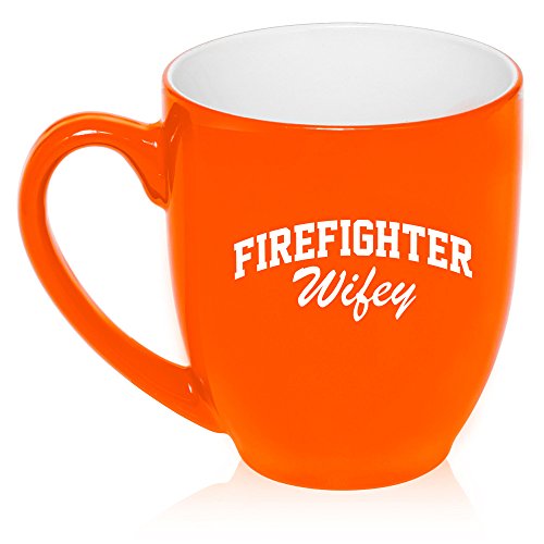 16 oz Large Bistro Mug Ceramic Coffee Tea Glass Cup Firefighter Wifey Wife (Orange)