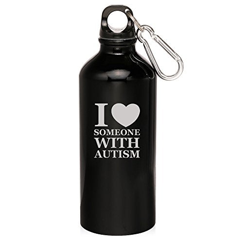 20oz Aluminum Sports Water Bottle Caribiner Clip I Love Someone With Autism (Black)