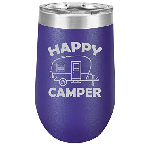 16 oz Double Wall Vacuum Insulated Stainless Steel Stemless Wine Tumbler Glass Coffee Travel Mug With Lid Happy Camper (Purple)