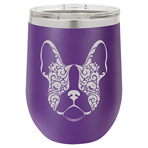 12 oz Double Wall Vacuum Insulated Stainless Steel Stemless Wine Tumbler Glass Coffee Travel Mug With Lid French Bulldog Floral (Purple)