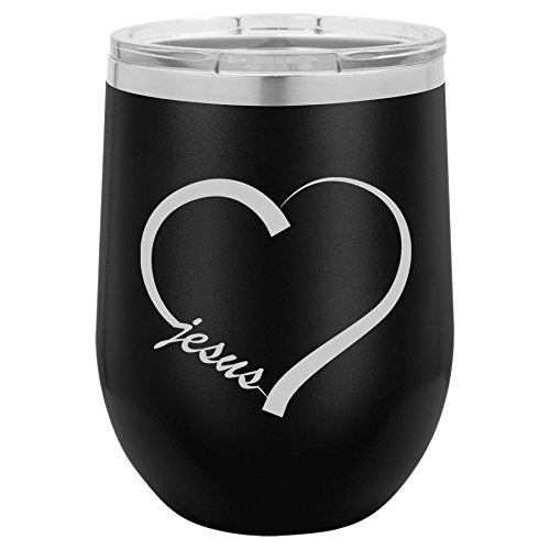 12 oz Double Wall Vacuum Insulated Stainless Steel Stemless Wine Tumbler Glass Coffee Travel Mug With Lid Love Heart Jesus (Black)