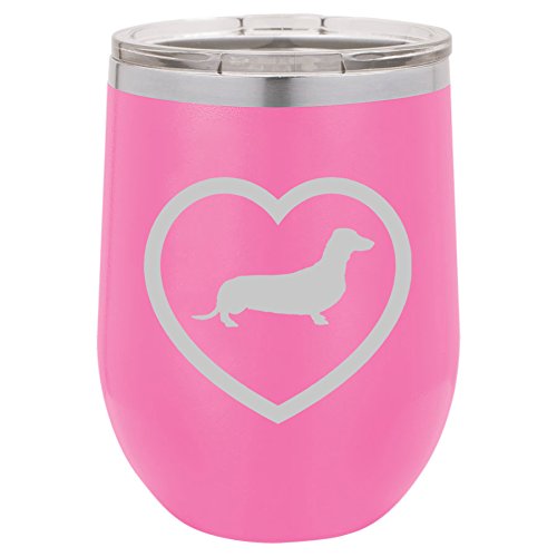 12 oz Double Wall Vacuum Insulated Stainless Steel Stemless Wine Tumbler Glass Coffee Travel Mug With Lid Dachshund Heart (Hot-Pink)