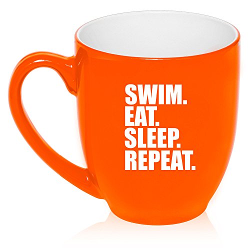 16 oz Large Bistro Mug Ceramic Coffee Tea Glass Cup Swim Eat Sleep Repeat (Orange)