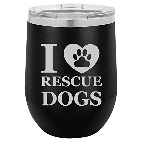 12 oz Double Wall Vacuum Insulated Stainless Steel Stemless Wine Tumbler Glass Coffee Travel Mug With Lid I Heart Love Rescue Dogs (Black)