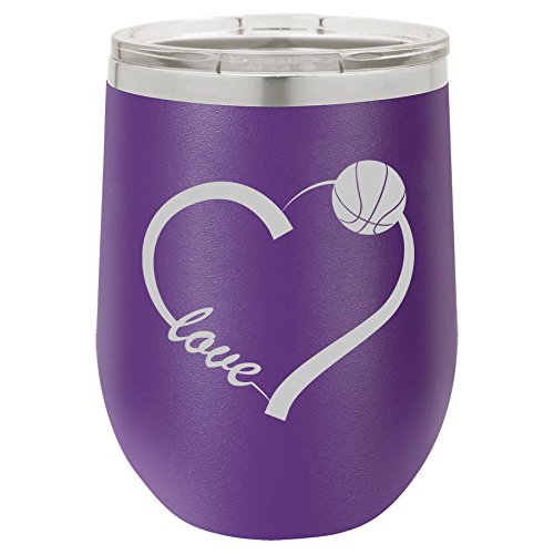 12 oz Double Wall Vacuum Insulated Stainless Steel Stemless Wine Tumbler Glass Coffee Travel Mug With Lid Love Heart Basketball (Purple)