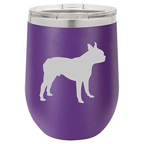 12 oz Double Wall Vacuum Insulated Stainless Steel Stemless Wine Tumbler Glass Coffee Travel Mug With Lid Boston Terrier (Purple)