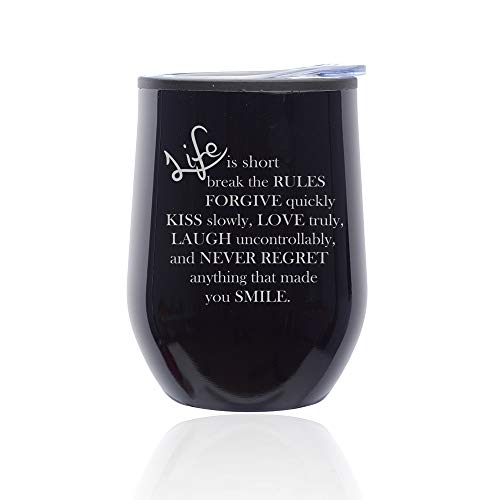 Stemless Wine Tumbler Coffee Travel Mug Glass With Lid Life Is Short Quote (Midnight Black)