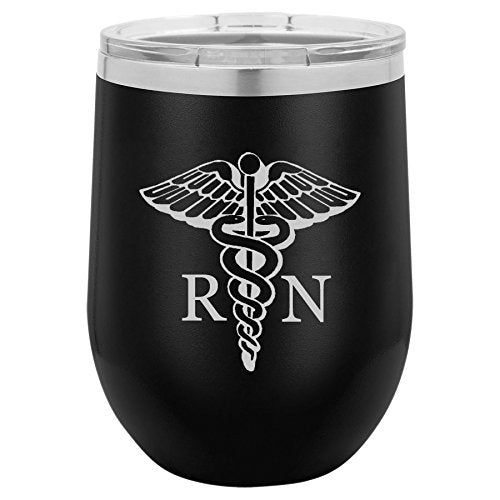 12 oz Double Wall Vacuum Insulated Stainless Steel Stemless Wine Tumbler Glass Coffee Travel Mug With Lid RN Registered Nurse (Black)