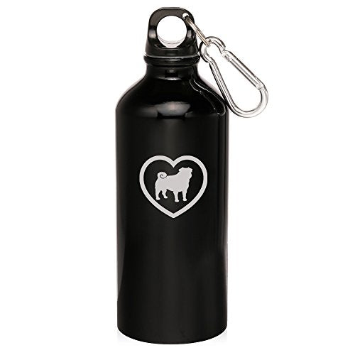 20oz Aluminum Sports Water Bottle Caribiner Clip Pug Heart (Black)